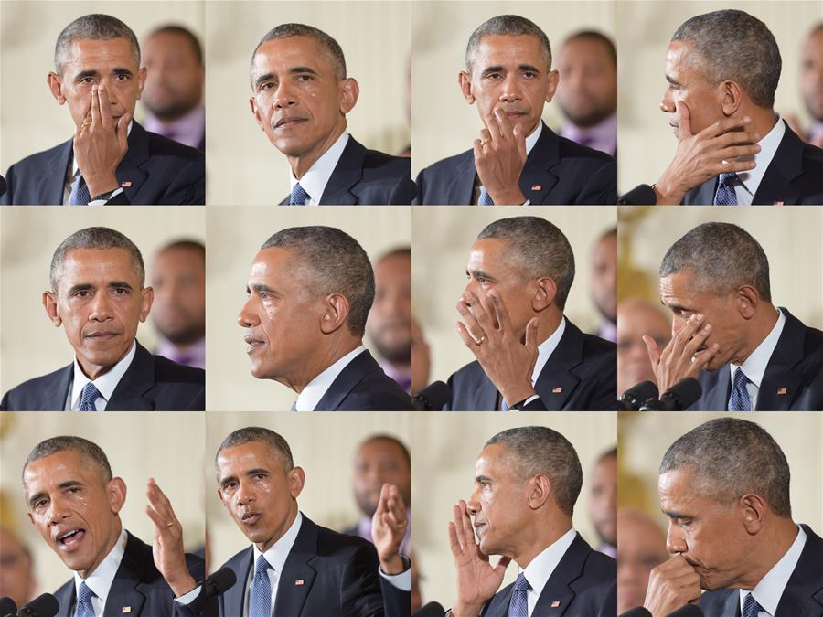  رئيس الولايات المتحدة اوباما يبكي في المؤتمر الصحفي عن تقييد حمل الأسلحة في البلاد (شينخوا / باو دان دان)