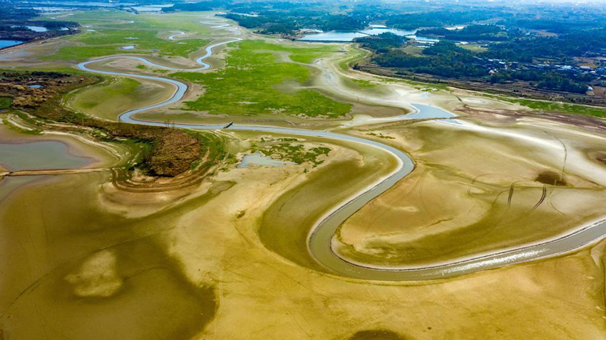 بحيرة بويانغ بجيانغشي تدخل موسم الجفاف، والأراضي الرطبة الجميلة
