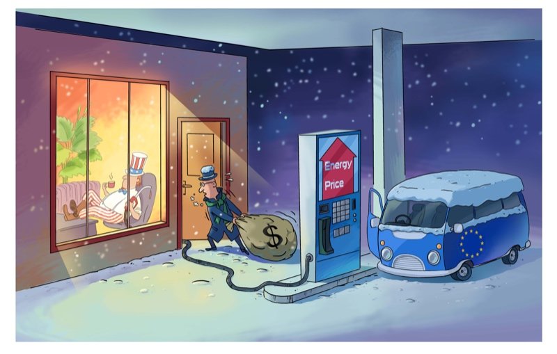 كاريكاتور: رغم أزمة الطاقة، أمريكا تبيع الغاز إلى أصدقائها الأوروبيين بأسعار مشطّة