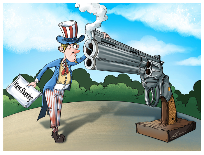كاريكاتير: مرض مزمن دون علاج .. العنف المسلح في أمريكا عام 2023