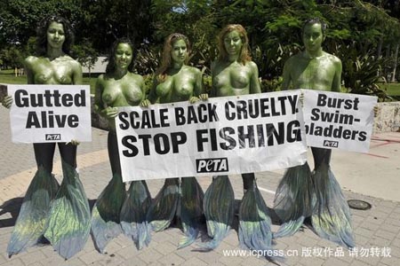 حريات البحر نصف العارية للاحتجاج على قتل الأسماك 