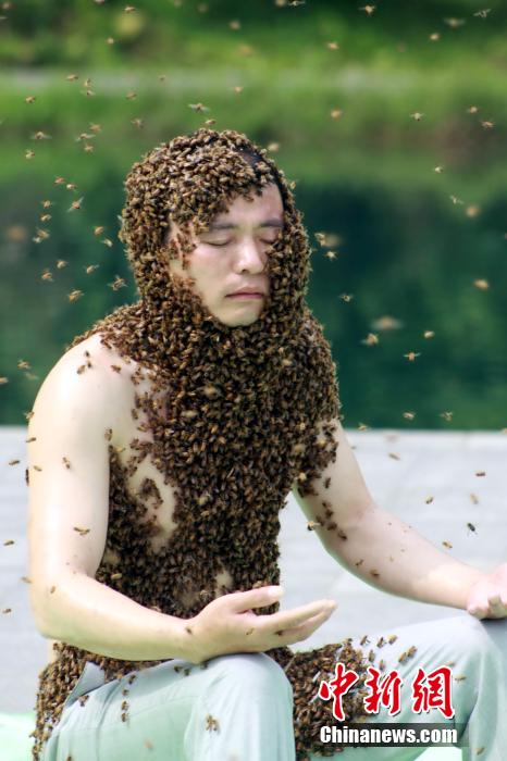 "رجل النحل" في الصين يسجل رقما قياسيا عالميا بتغطية جسمه بالنحل ل53 دقيقة     (3)